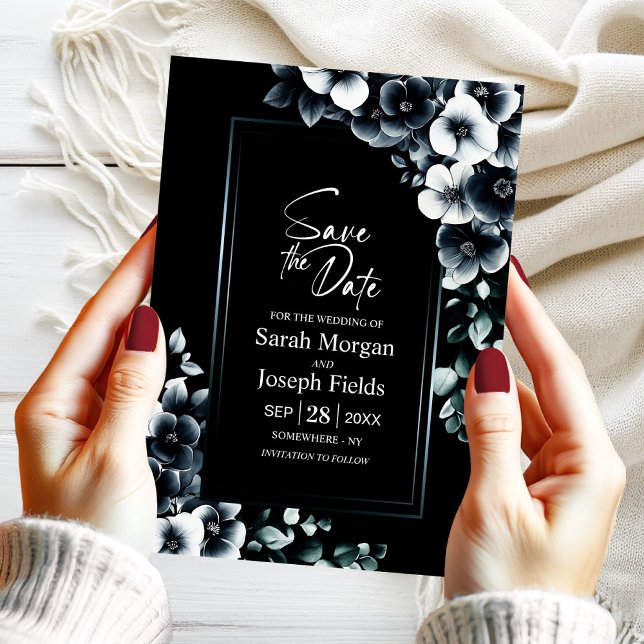 Invitation Floral noir blanc moderne Sauvez la date (Créateur téléchargé)