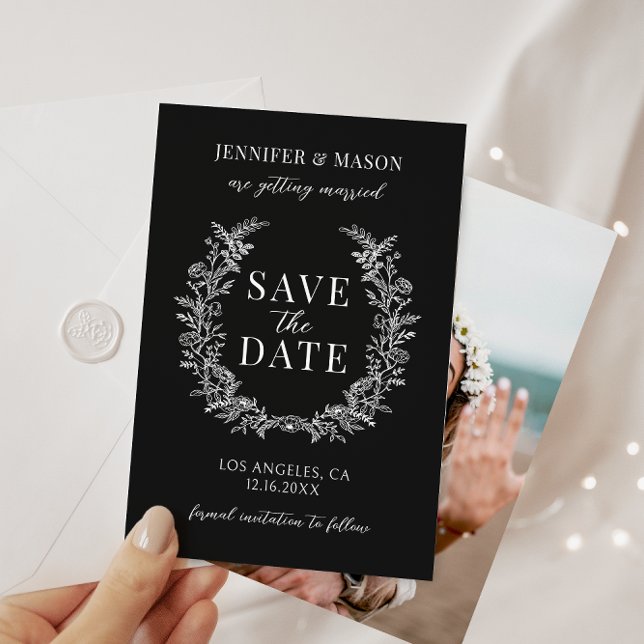 Invitation Floral noir bohème simple Enregistrer la photo Dat (Créateur téléchargé)