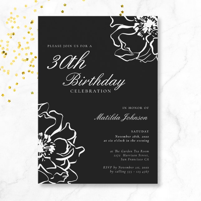 Invitation Floral noir et blanc 30e anniversaire (Mockup View)