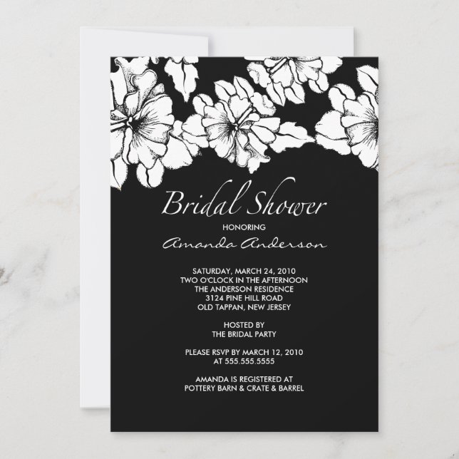 Invitation floral noir et blanc à la mode de Fête (Devant)