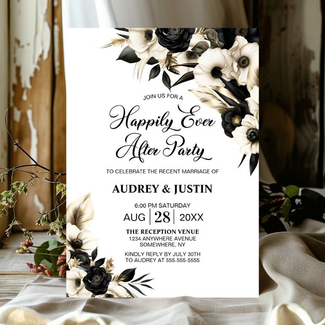 Invitation Floral noir et blanc Mariage après la fête (Créateur téléchargé)