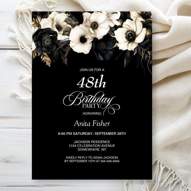 Invitation Floral noir et blanc N'importe quel âge fête d'ann (Créateur téléchargé)