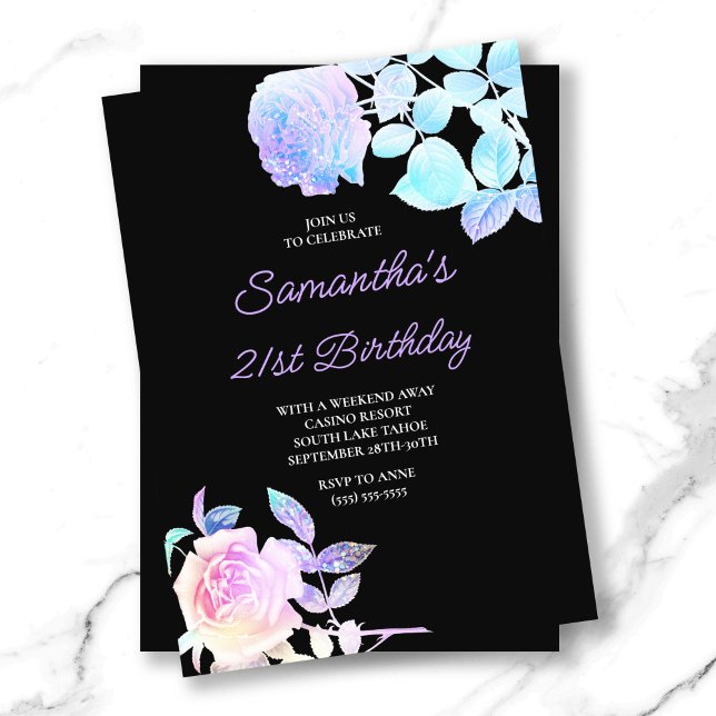 Invitation Floral noir et iridescente 21e anniversaire (Black and Iridescent Floral 21st Birthday Invitation)