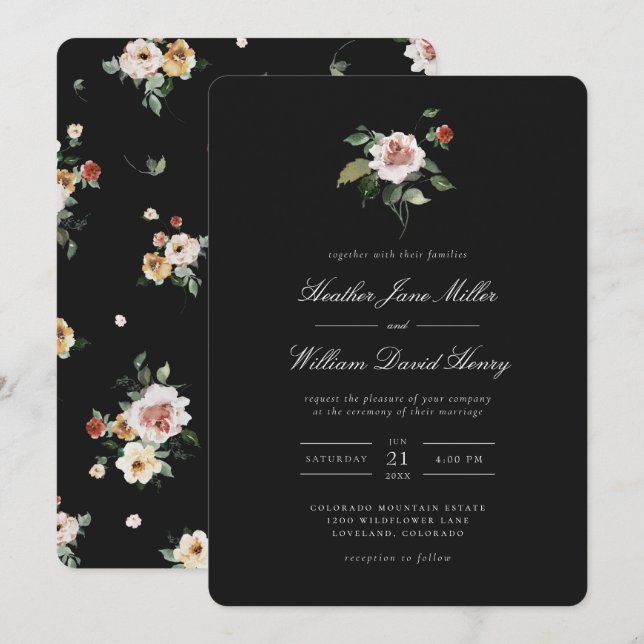 Invitation Floral noir Mariage (Devant / Derrière)