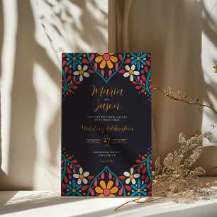 Invitation Floral noir mexicain Fleurs colorées Boda Mariage