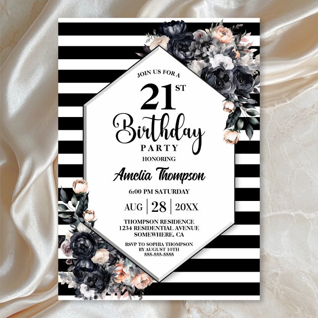Invitation Floral noir moderne rayé 21e fête d'anniversaire (Créateur téléchargé)