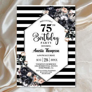 Invitation Floral Noir moderne rayé 75e fête d'anniversaire