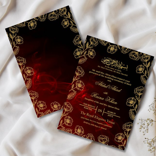 Invitation Floral noir rouge et or Mariage musulman musulman  (Créateur téléchargé)