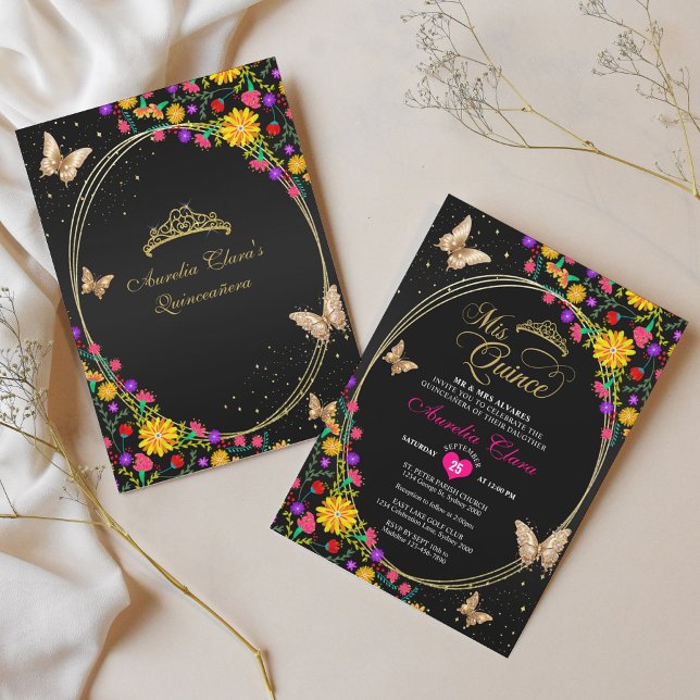 Invitation Floral Noir Tiara Butterfly Mis Quinceañera (Créateur téléchargé)