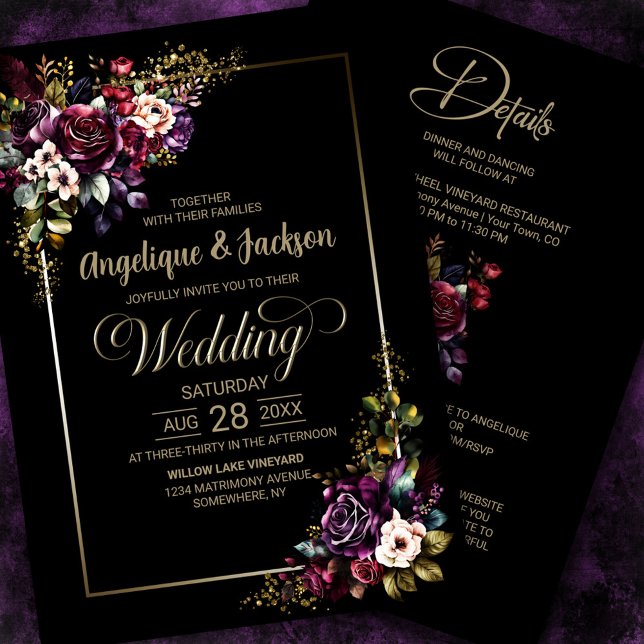 Invitation Floral noir violet bordeaux tout en un Mariage (Créateur téléchargé)