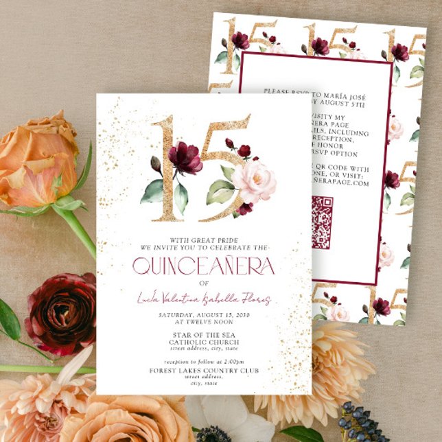 Invitation Floral Numéro 15 QR Burgundy Gold Quinceañera (Créateur téléchargé)