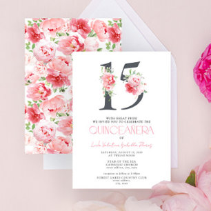 Invitation Floral Numéro 15 Rose élégant Quinceañera moderne