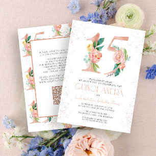 Invitation Floral Numéro 15 Rose Rose Or QR Quinceañera