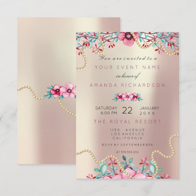 Invitation Floral nuptiale or rose perle douce glam (Devant / Derrière)