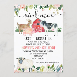 Invitation Floral Oink Moo Animaux de ferme Anniversaire Invi