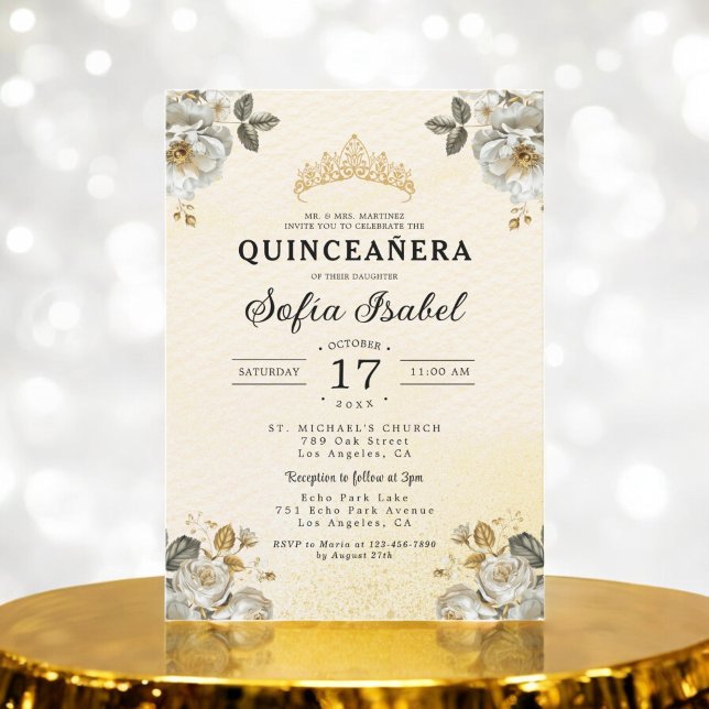 Invitation Floral Or blanc princesse Quinceanera (Créateur téléchargé)