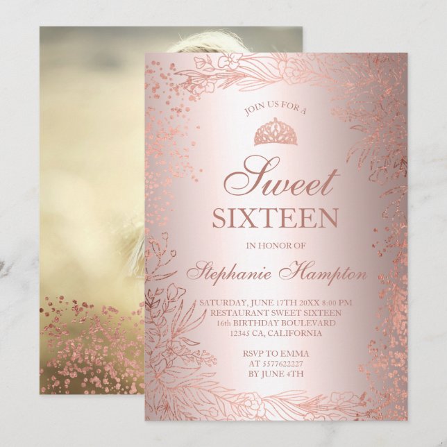 Invitation Floral or Rose métal Tiara chic Sweet 16 (Devant / Derrière)