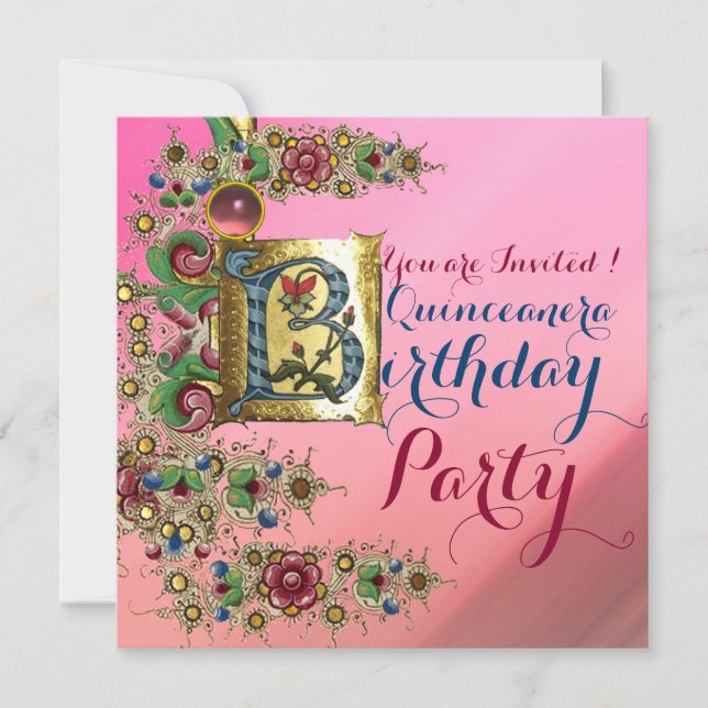 Invitation FLORAL OR ROSE QUINCEANERA 15ème anniversaire FÊTE (Devant)