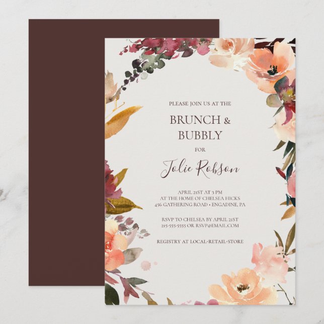 Invitation Floral Orange Bourgogne | Brunch beige et mousseux (Devant / Derrière)
