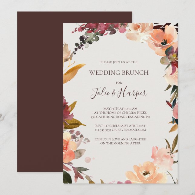 Invitation Floral Orange Bourgogne | Brunch Mariage beige (Devant / Derrière)