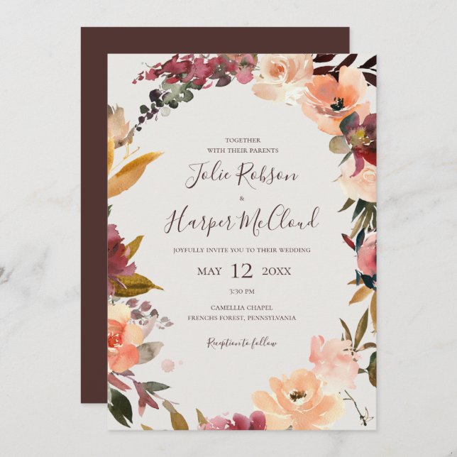 Invitation Floral Orange Bourgogne | Mariage Décontracté beig (Devant / Derrière)