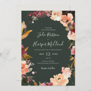 Invitation Floral Orange Bourgogne Mariage Décontracté vert