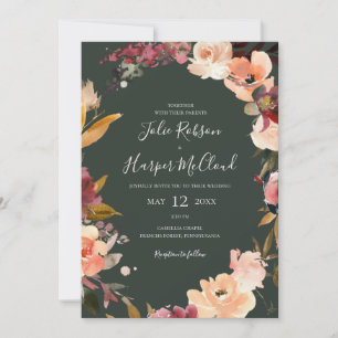 Invitation Floral Orange Bourgogne Tout vert en un Mariage