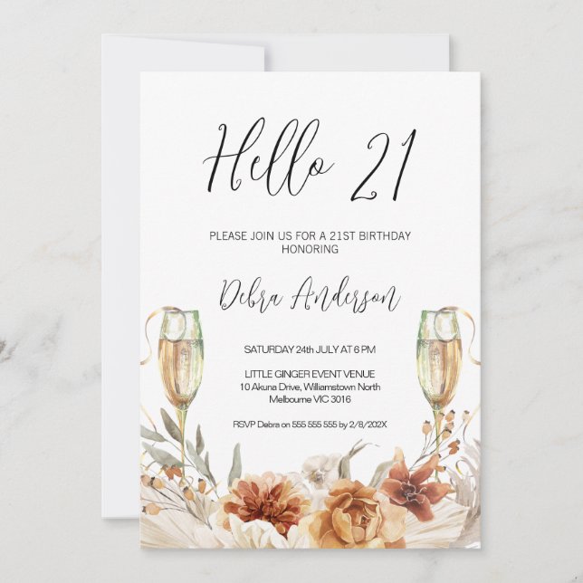 Invitation Floral orange brûlé et lunettes 21e anniversaire (Devant)