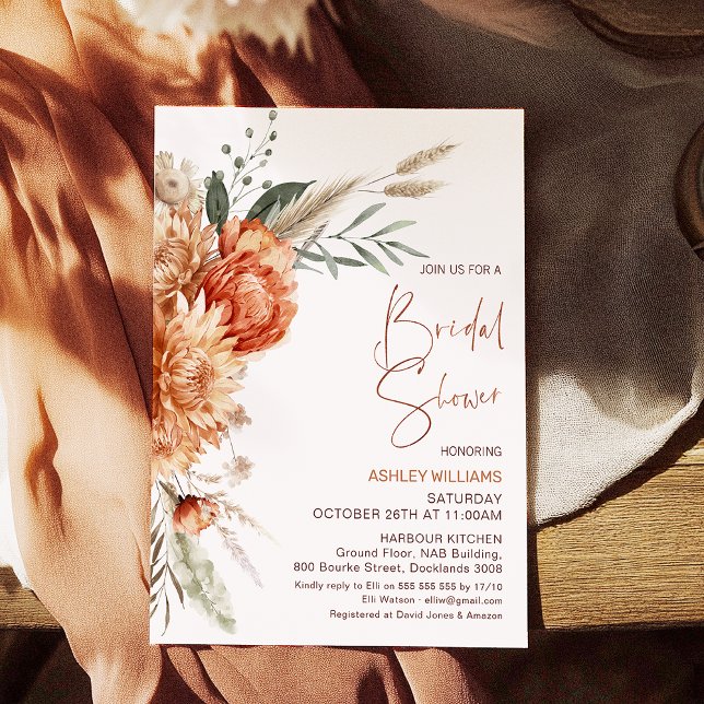 Invitation Floral Orange Chute Brown en Fête des mariées d'am (Fall in Love Bridal Shower Invitation Autumn, Fall Bridal Shower Invitation Orange Brown Floral)