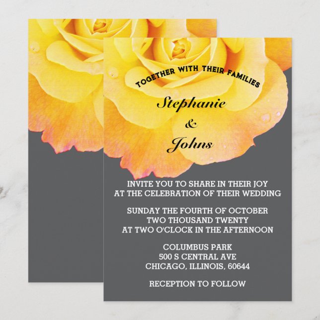 Invitation Floral Orange Jaune Gris Gris Cool Boho Mariage (Devant / Derrière)