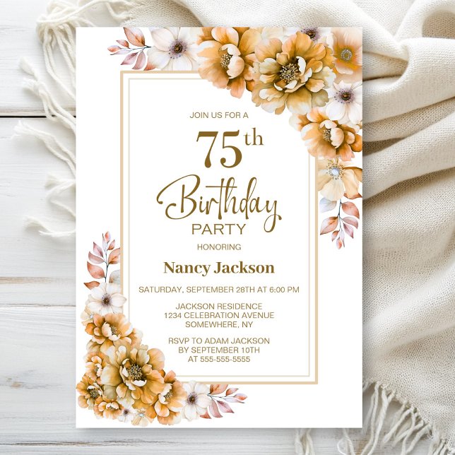 Invitation Floral Orange moderne 75e fête d'anniversaire (Créateur téléchargé)