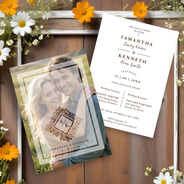 Invitation Floral Ornate Frame Diamond Shape Wedding Initials (Floral Ornate Frame in Diamond Shape with Initials Photo Wedding Invitation Card with Vellum.)