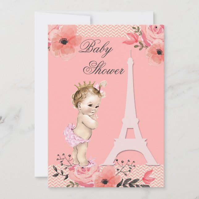 Invitation Floral Paris Tour Eiffel Baby shower Princesse (Devant)