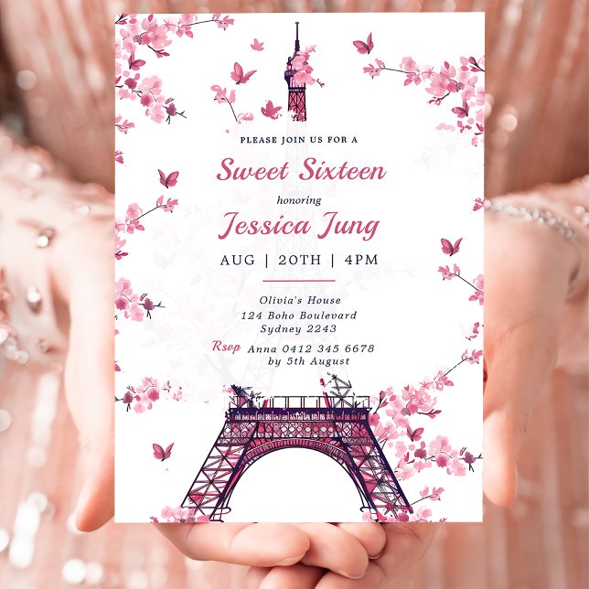 Invitation Floral Paris Tour Eiffel Sweet 16 Anniversaire (Créateur téléchargé)
