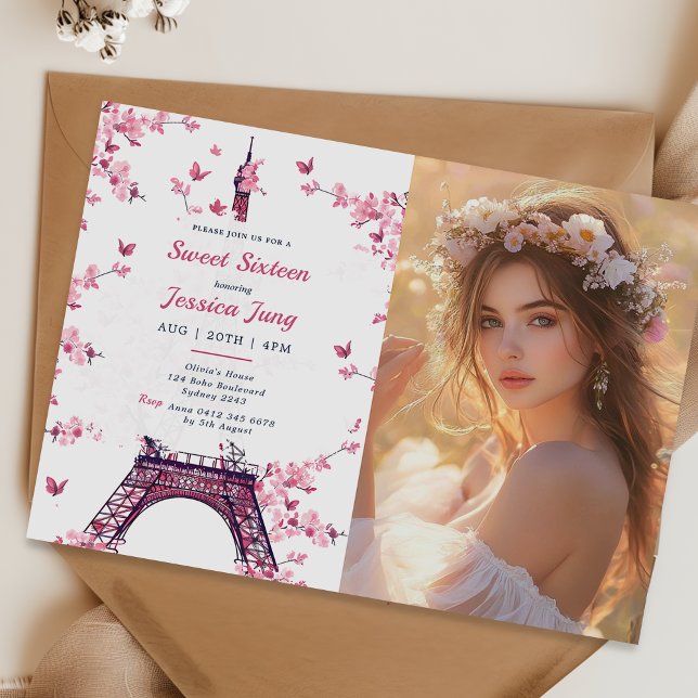 Invitation Floral Paris Tour Eiffel Sweet 16 Anniversaire Pho (Créateur téléchargé)