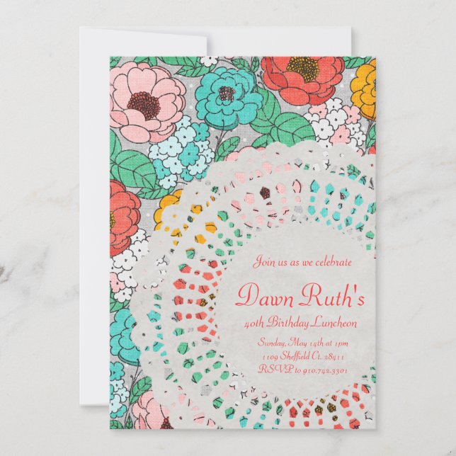 Invitation Floral Party Bridal Luncheon jardin doily invitati (Devant)