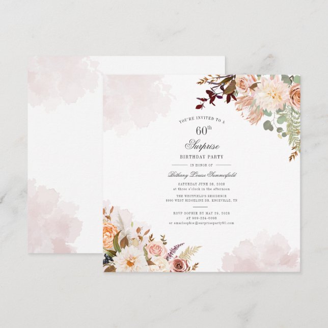Invitation Floral Pastel 60e anniversaire Script Surprise Par (Devant / Derrière)