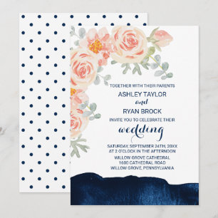 Invitation Floral Peach Pink et Navy Mariage aquarelle