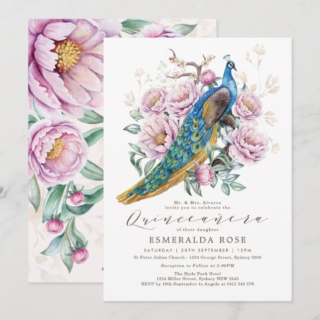 Invitation Floral Peacock Quinceañera Mis Quince Anniversaire (Devant / Derrière)