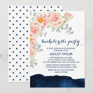 Invitation Floral Pêche & Navy Watercolor Bachelorette Party