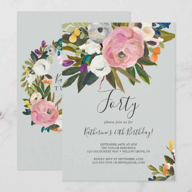Invitation Floral peint 40e anniversaire (Devant / Derrière)