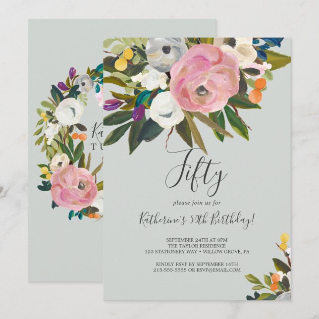 Invitation Floral peint 50e anniversaire (Devant / Derrière)