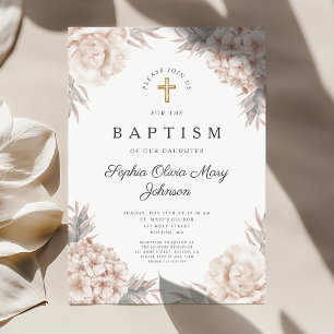 Invitation Floral Peonies Gold Cross Girl Baptême religieux