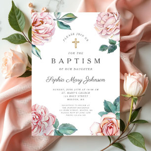 Invitation Floral Peonies Gold Cross Religieux Baptême