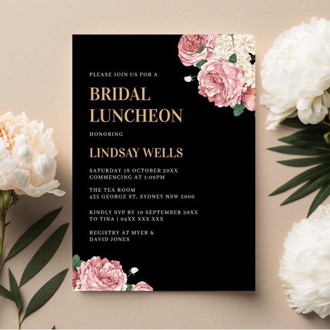 Invitation Floral Peony et Roses sur Black Bridal Luncheon (Créateur téléchargé)