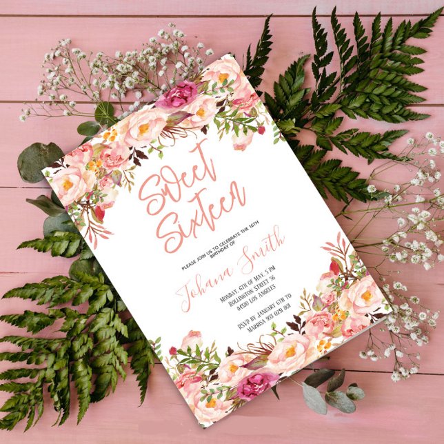 Invitation Floral Peony rose Blush Seize Anniversaire (Créateur téléchargé)