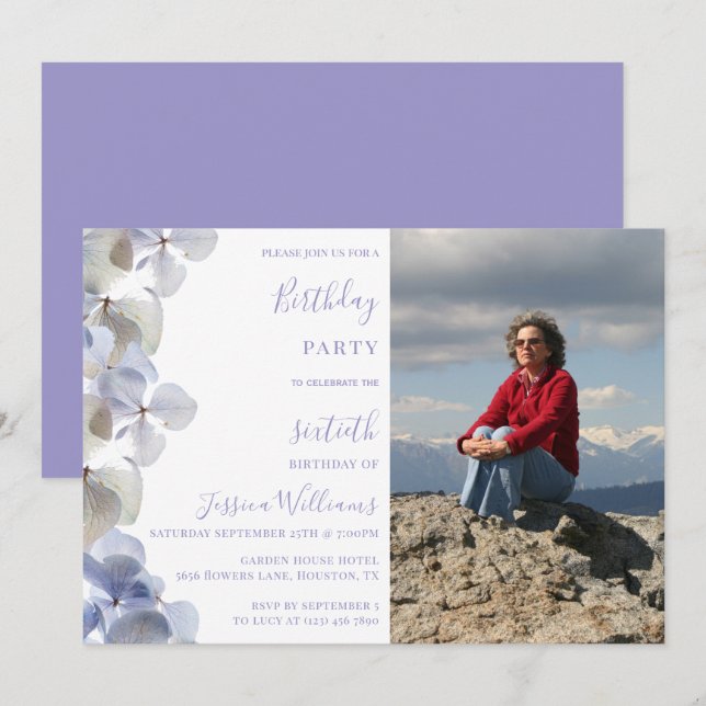 Invitation Floral Photo Feminine Birthday Party (Devant / Derrière)