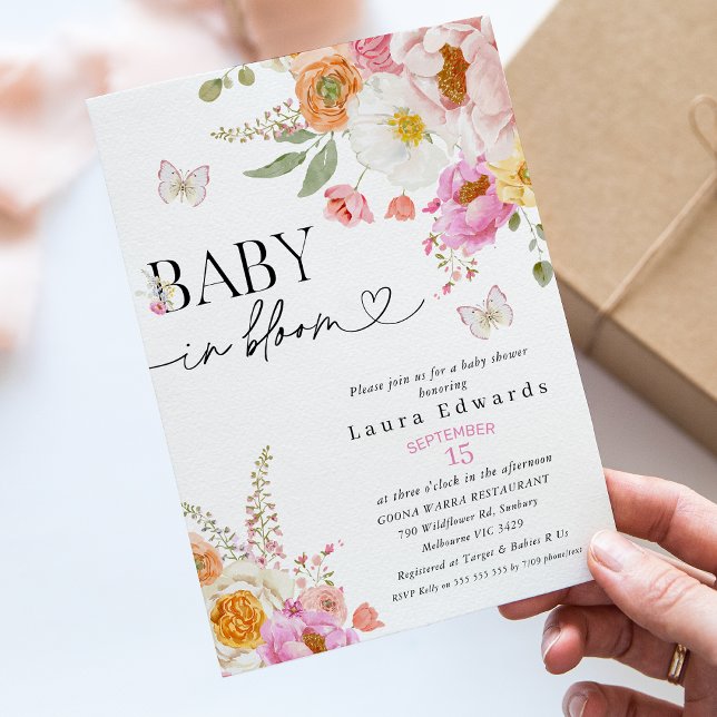 Invitation Floral Pink Butterflies Baby In Bloom Baby Shower (Baby in Bloom Baby Shower Invitation, Baby in Bloom Invitation, In Bloom Baby Shower Invitations,)