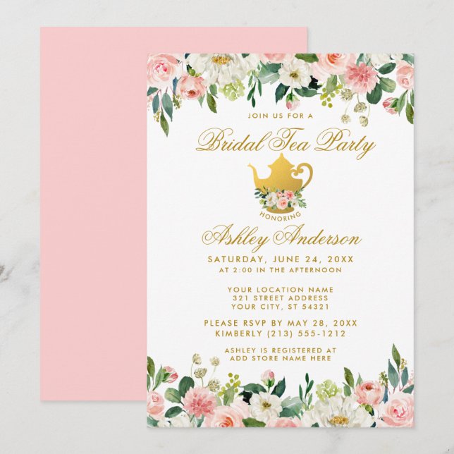 Invitation Floral Pink Gold Fête des mariées Tea Party Invita (Devant / Derrière)