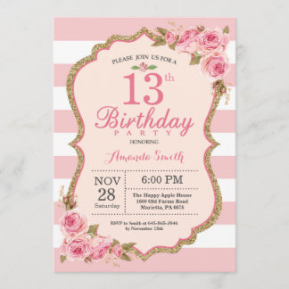 Invitation Floral Pink Peonies 13e anniversaire de fête Invit